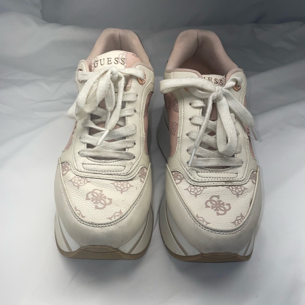 GUESS White and Blush Platform Logo Lace-Up Sneakers